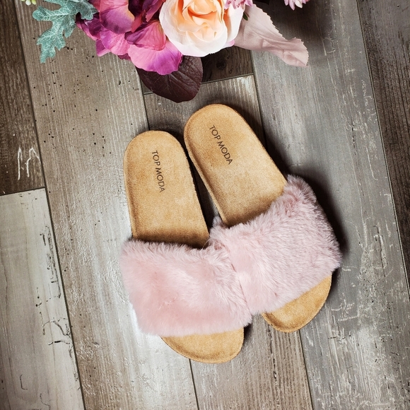 Top Moda Pink Faux Fur Slip-On Slide Sandals Women's Size 8 NEW - Picture 11 of 14